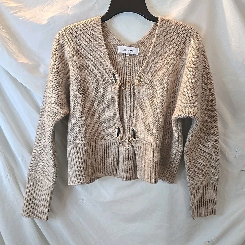 John + Jenn Sasha Cardigan Sweater Golden Dune Sz XS Gold Buckle Closure